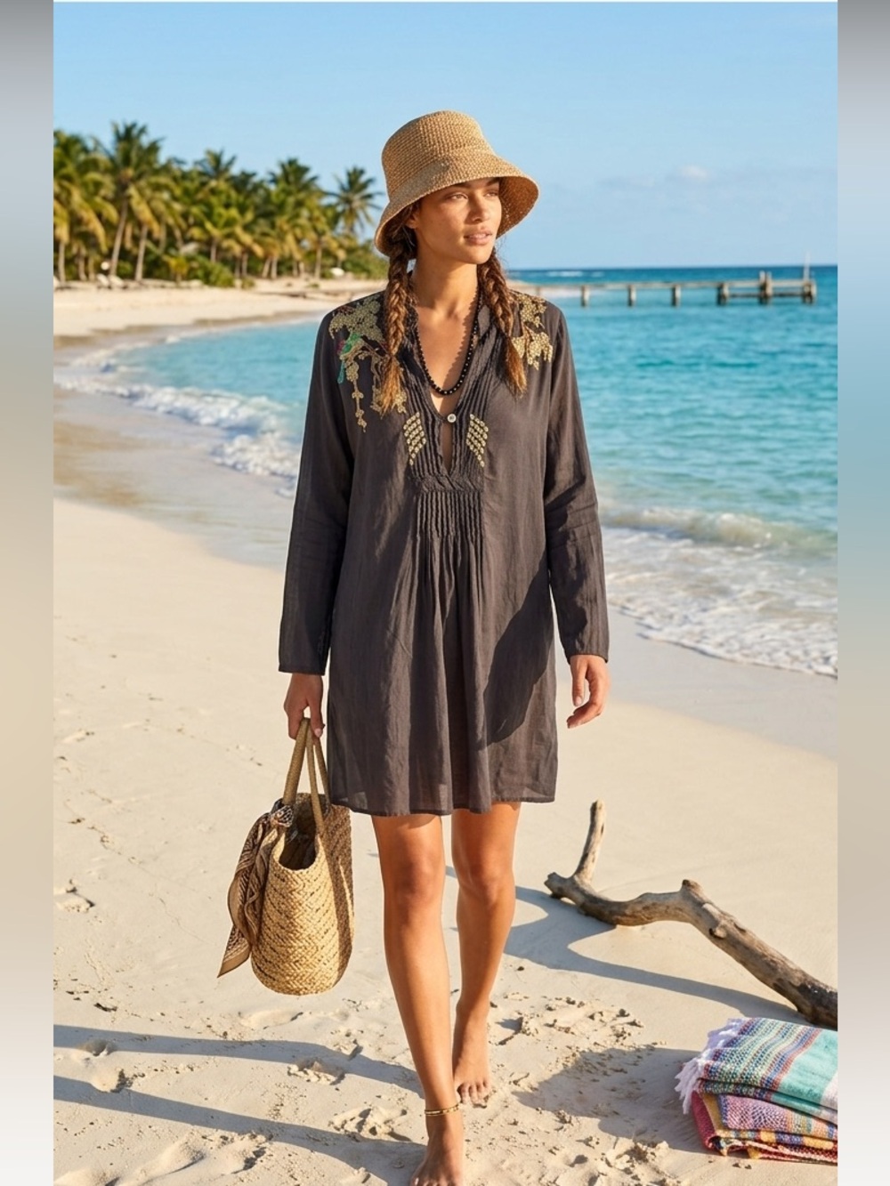 Johnny Was Black Dress with Yellow Floral Embroidery
